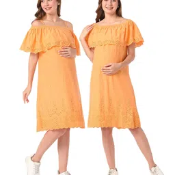 Bella Mama Cotton Woven Schiffli Overlap Off Shoulder Summer Dress With Adjustable Strap - Peach-picture-17