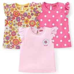 Babyhug Cotton Knit Frill Sleeves Floral & Polka Dots Printed T-Shirts Pack of 3 - Pink & Yellow-picture-23