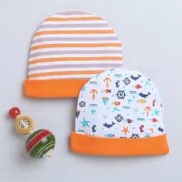 BUMZEE Pack Of 2 Striped & Sea Life Theme Printed Round Caps - Orange & White-picture-33