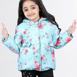 Babyhug Full Sleeves Hooded Jacket with Floral Design - Aqua Blue-picture-28