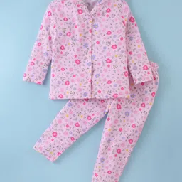 Little Darlings Interlock Knit Full Sleeves Night Suit With Floral Print - Pink-picture-17