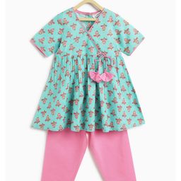 Campana 100% Cotton Half Sleeves Floral Printed Kurti with Pants Set - Sky Blue & Pink-picture-1