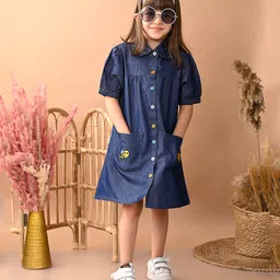 Superminis Denim Half Sleeves Honey Bee Embroidered With Pockets Dress - Blue-picture-31
