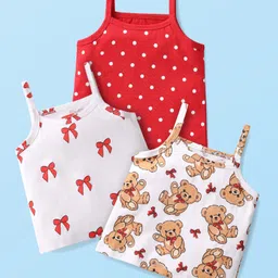 Babyhug 100% Cotton Knit Sleeveless Polka Dot Bow & Teddy Bear Printed Slips Pack of 3 - White & Red-picture-27
