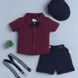 BUMZEE Cotton Half Sleeves Solid Shirt With Attached Bow & Shorts With Suspender & Cap Set - Wine & Navy Blue-picture-37