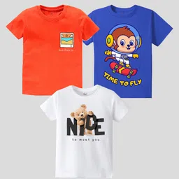 KAVEE Pure Cotton Pack Of 3 Half Sleeves Space Theme & Typography Printed Tees - Blue Orange & White-picture-18