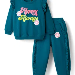 Babyhug Terry Knit Full Sleeves Top & Lounge Pant Set with Text Print & Frill Detailing - Teal Blue image 1