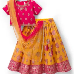 Babyhug Brocade Half Sleeves Embroidered Choli Lehenga Set with Dupatta & Sequin Detailing - Pink & Yellow-picture-19