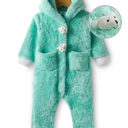 Mark & Mia Knit Full Sleeves Winter Wear Fur Hooded Romper With Pocket & Badge Detailing & Teddy Applique - Green-picture-18