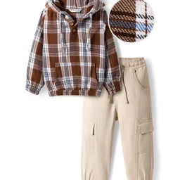 OLLINGTON ST. Cotton Woven Fleece Full Sleeves Hooded Shirt With Checks & Twill Joggers Set - Beige & Brown-picture-22