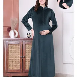 Secret Wish Velvet Woven Full Sleeves Solid Maternity Nighty With Centre Front Access - Green-picture-25