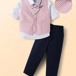 Mark & Mia Woven Full Sleeves Striped 3 Piece Party Suit With Bow - Pink White & Navy Blue-image-91