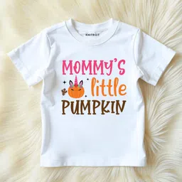 KNITROOT Cotton Lycra Knit Halloween Theme Half Sleeves Mommy's Little Pumpkin Text Printed Tee - White-image-43