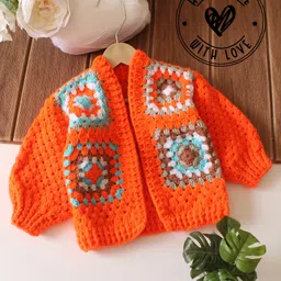 Woonie Hand Knit Full Sleeves Self Designed Crochet Cardigan - Orange-picture-33