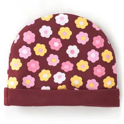 Babyhug 100% Cotton Knit Cap Floral Printed with Bow Applique- Red image 2