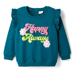Babyhug Terry Knit Full Sleeves Top & Lounge Pant Set with Text Print & Frill Detailing - Teal Blue image 2