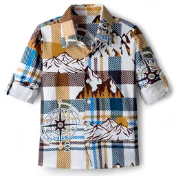 OLLINGTON ST. Cotton Full Sleeves Mountain Printed Shirt & Denim Joggers Set - Multicolor & Blue image 2