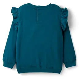Babyhug Terry Knit Full Sleeves Top & Lounge Pant Set with Text Print & Frill Detailing - Teal Blue image 3