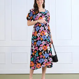 MomToBe Rayon Woven Half Puffed Sleeves Floral Printed Maternity Dress With Side Zipper Nursing Access - Multi Colour image 4