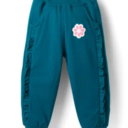 Babyhug Terry Knit Full Sleeves Top & Lounge Pant Set with Text Print & Frill Detailing - Teal Blue image 4