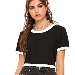 BASE 41 Women Monochrome Slim Fit Crop Cotton T-shirt-image-7