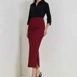 FableStreet Women Ribbed Pencil Midi Skirt with Side Slit-picture-29