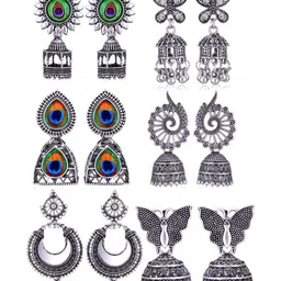 Sangria Set Of 6 Silver-Plated Stones-Studded & Beaded Oxidized Jhumka Earrings-image-70