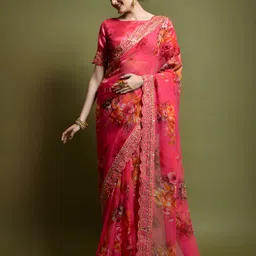 CANIZZARO Women Floral Printed Sequinned Pure Chiffon Saree image 4