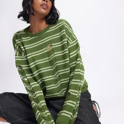 glitchez Frayed Bae Striped Drop-Shoulder Pullover-image-2