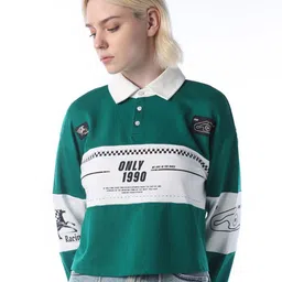 ONLY Women Typography Printed Polo Collar Cotton T-shirt-image-84