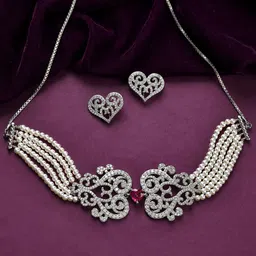 Voylla Rhodium-Plated AD-Studded Royal Romance Noorie Statement Choker Jewellery Set-picture-35