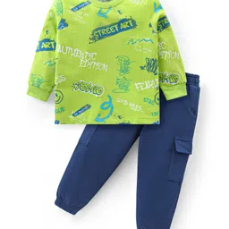 Babyhug Cotton Knit Full Sleeves T-Shirt & Lounge Pants Set With Street Art Print - Green & Blue-picture-20