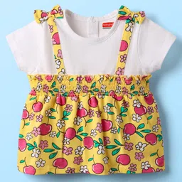 Babyhug Cotton Knit Half Sleeves Top with Tropical Theme Print & Bow Applique - Yellow & White-picture-37