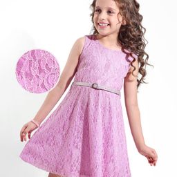 Hola Bonita Knit Sleeveless Frock With Floral Lace Detailing & Belt - Lavender-picture-38