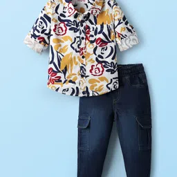 Babyhug Cotton Woven Full Sleeves Shirt and Jeans with Floral Print - White & Navy Blue-picture-27
