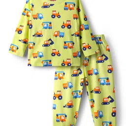 Babyhug Cotton Knit Full Sleeves Co-ords Night Suit with Vehicle Print - Light Green image 1