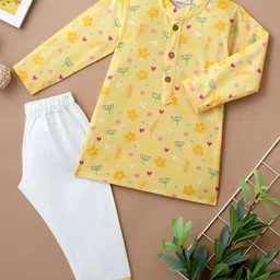 Desi Soota Cotton Woven Full Sleeves Floral & Heart Printed Kurta & Coordinating Pyjama Set - Yellow-picture-15