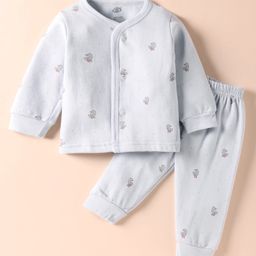 Zero Fleece Knit Full Sleeves Co-ords Front Open Winter Wear T-Shirt & Lounge Pant Set with Bird Print - Light Grey-picture-2