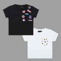 Actuel Cotton Knit Pack Of 2 Half Sleeves Patch Detailed Tops - Black & White-picture-21