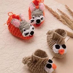 MayRa Knits Hand Knitted Woven Pack Of 2 Animal & Bird Applique Detailed Booties - Brown & Orange-image-45