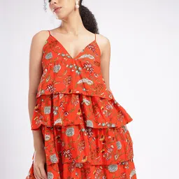 fusion by glitchez Floral Printed V-Neck Tie-Ups Layered A-Line Dress-picture-23