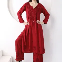pkz lucknawi chikan Women Ethnic Motifs Embroidered Regular Thread Work Kurta with Trousers-picture-23