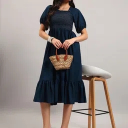 Raiyani Fashion Puff Sleeve Crepe Fit & Flare Midi Dress-picture-12