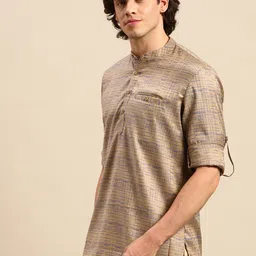 Anouk Men Cream-Coloured & Blue Woven Design Short Kurta image 4