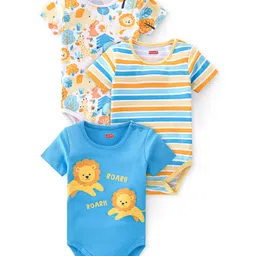 Babyhug 100% Cotton Knit Half Sleeves Onesies With Animals Print & Striped Pack Of 3 - Blue & White-picture-21