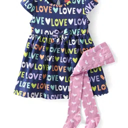 Babyhug Single Jersey Knit Sleeveless Frock With Love Print & Stockings - Navy Blue-picture-15