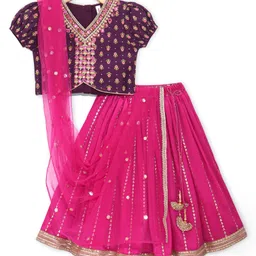 Babyhug Woven Short Sleeves Floral Printed Choli With Sequin Embroidered Lehenga & Dupatta Set - Fuschia-picture-15
