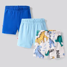 Bonfino 100% Cotton Knit Above Knee Length Shorts With Solid Colour & Dino Print Pack of 3 - Blue & Off White-picture-13