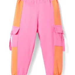 Babyhug Terry Knit Full Length Cut & Sew Lounge Pants with Pockets - Pink & Orange-picture-38
