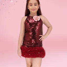 Cutecumber Knit Sleeveless Sequins Embellished & Ruffle Detailed Shift Dress - Maroon-picture-12